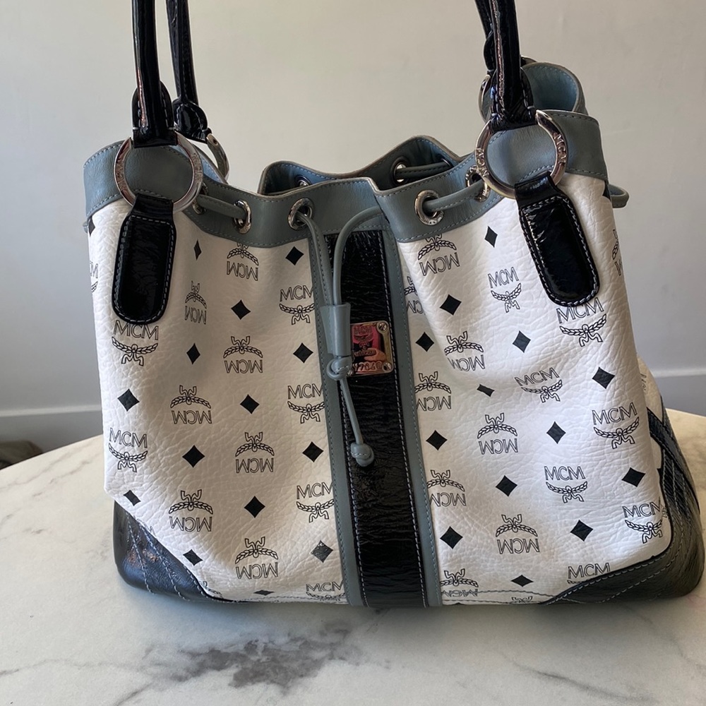 MCM Womens White Black Visetos Leather Double Handled Drawstring Hobo Bag